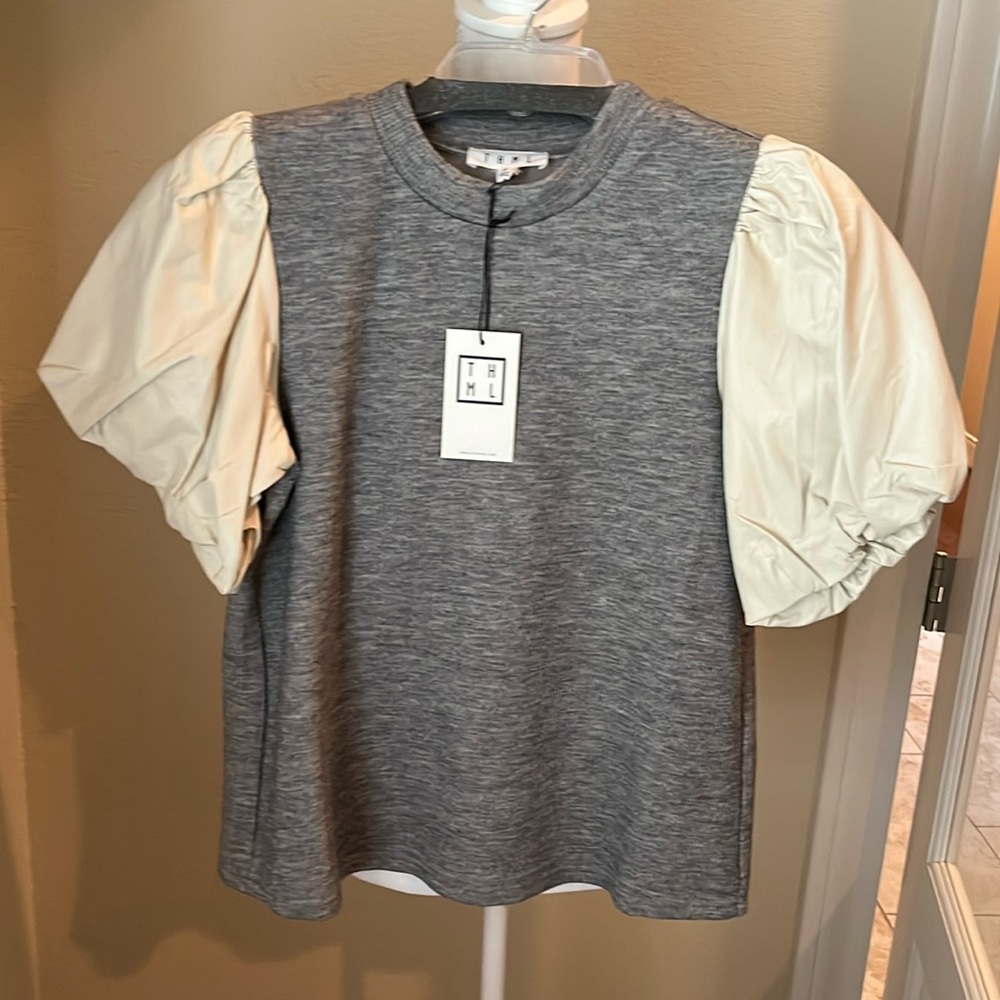 THML Gray Knit Crewneck with Cream Puff Sleeves